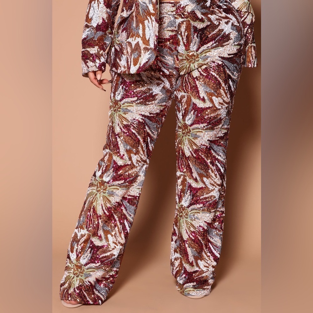 Fashion Nova Luxe Analei Sequin Pant Womens 1X Multicolor Abstract Floral Shiny